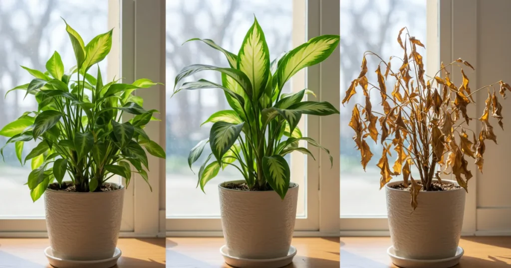 Comparação visual de três estágios de uma planta em vasos brancos: saudável com folhas verdes vibrantes, levemente estressada com folhas amareladas, e completamente seca com folhas marrons, demonstrando os efeitos da rega inadequada.