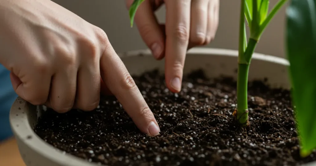 Dedos verificando a umidade do solo em vaso com planta de folhagem verde, demonstrando o teste do dedo para saber quando regar plantas de ambiente interno.